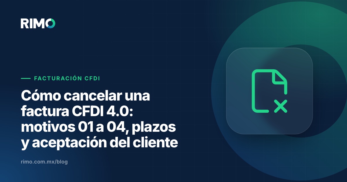 Ilustración de una factura con sello de cancelado y los cuatro motivos del SAT