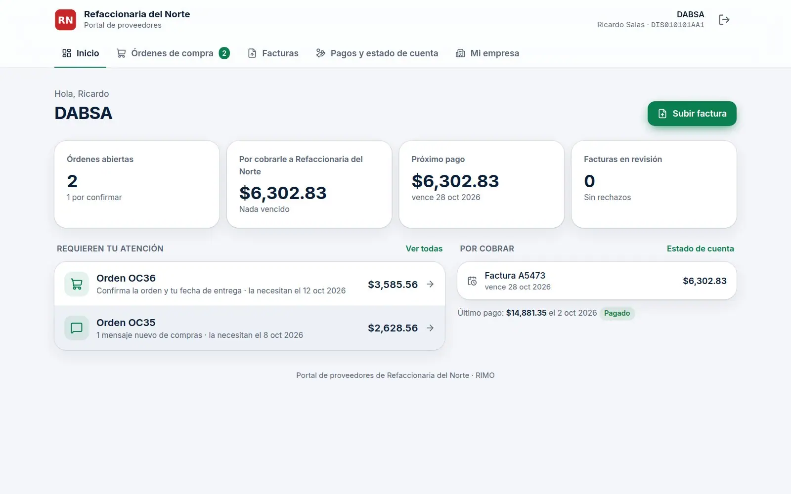 Inicio del Portal de proveedores de RIMO con órdenes, saldo por cobrar y próximo pago